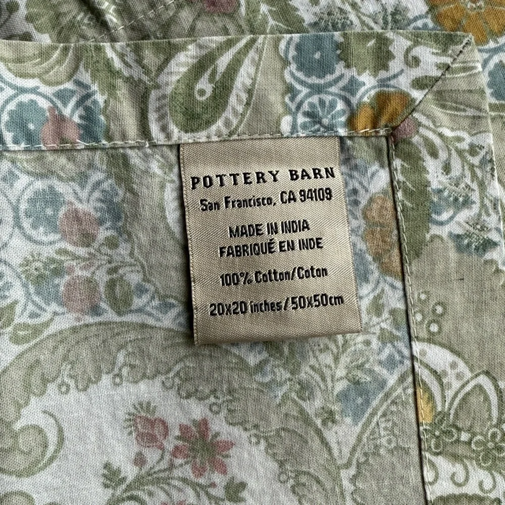 Pottery Barn Cotton Napkins Set of 4 – Green Paisley Floral – 20x20